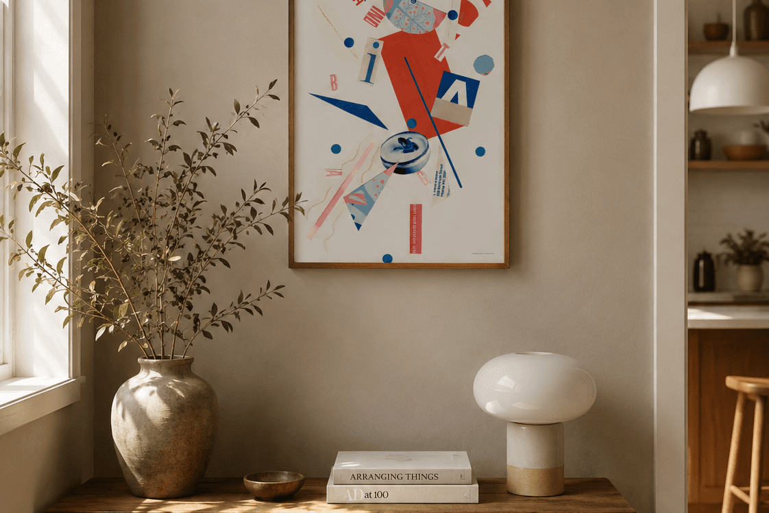 Colourful abstract collage artwork styled in a hallway — Pegados Collage Studio