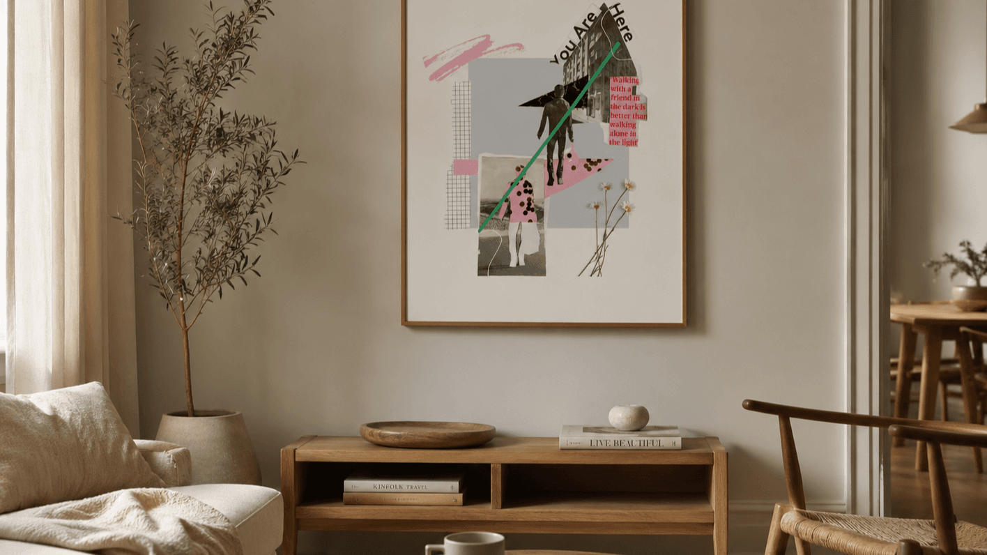 Handmade paper collage artwork in a warm living room — Pegados Collage Studio