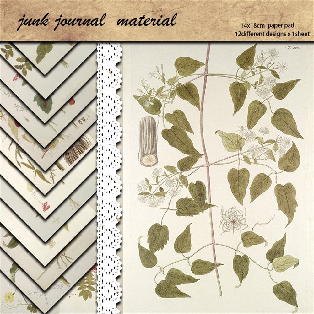 Junk Journal Vintage Paper Pad, Hand Painted Botanical